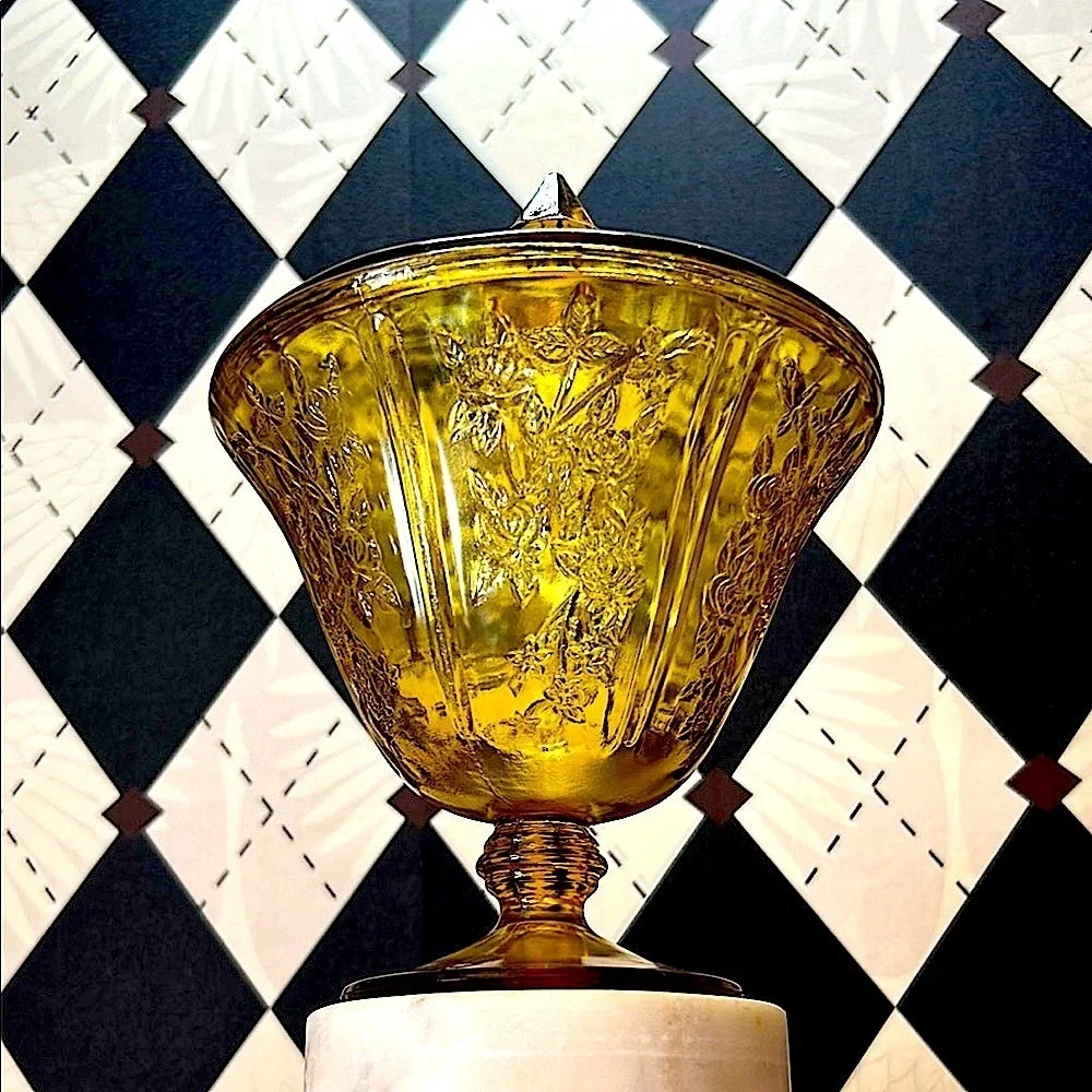 Vintage Federal Glass “Cabbage Rose” Amber Lidded Jar – Depression Glass Style - Picture 7 of 12